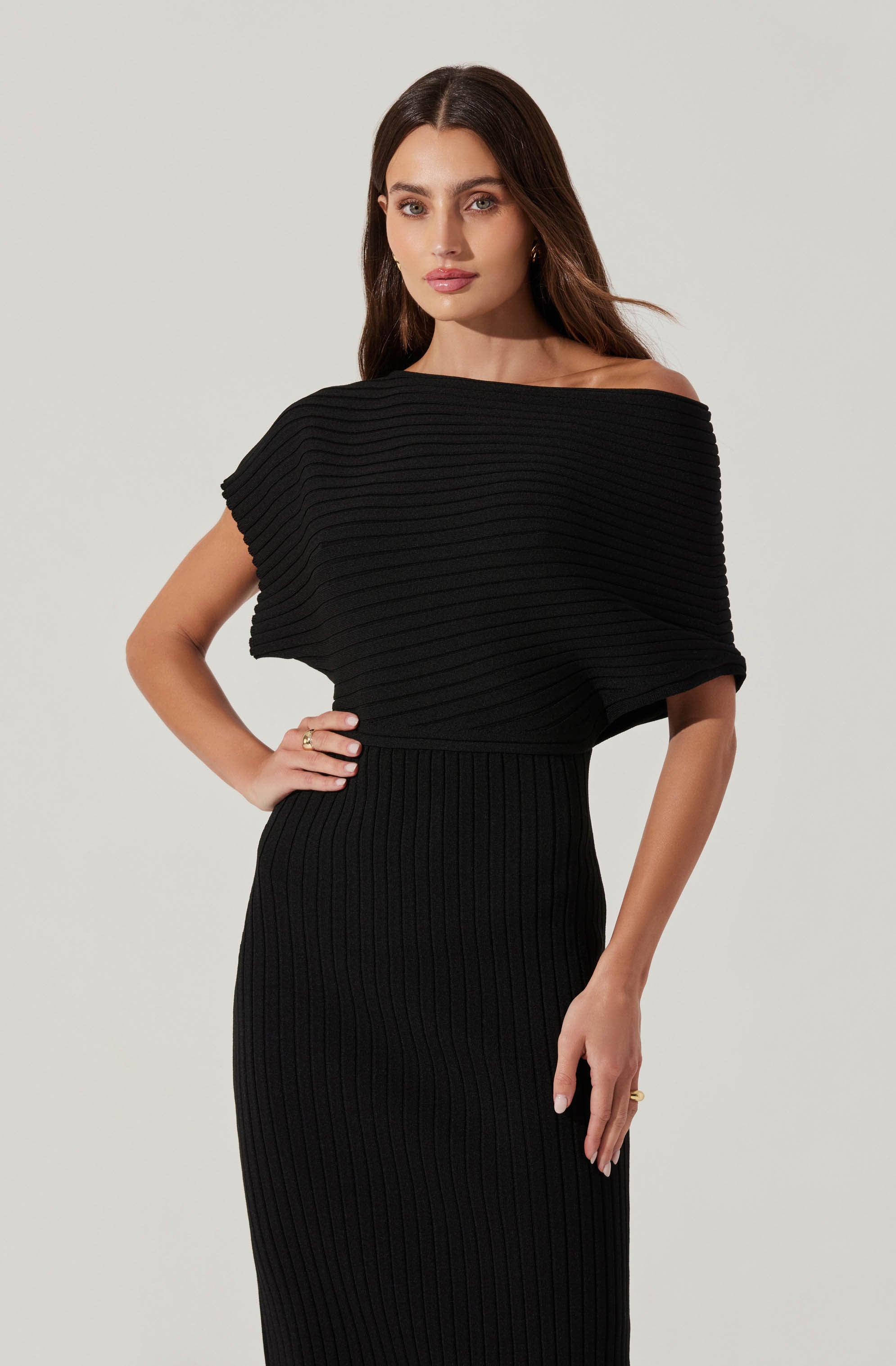Off Shoulder Ribbed Midi Sweater Dress