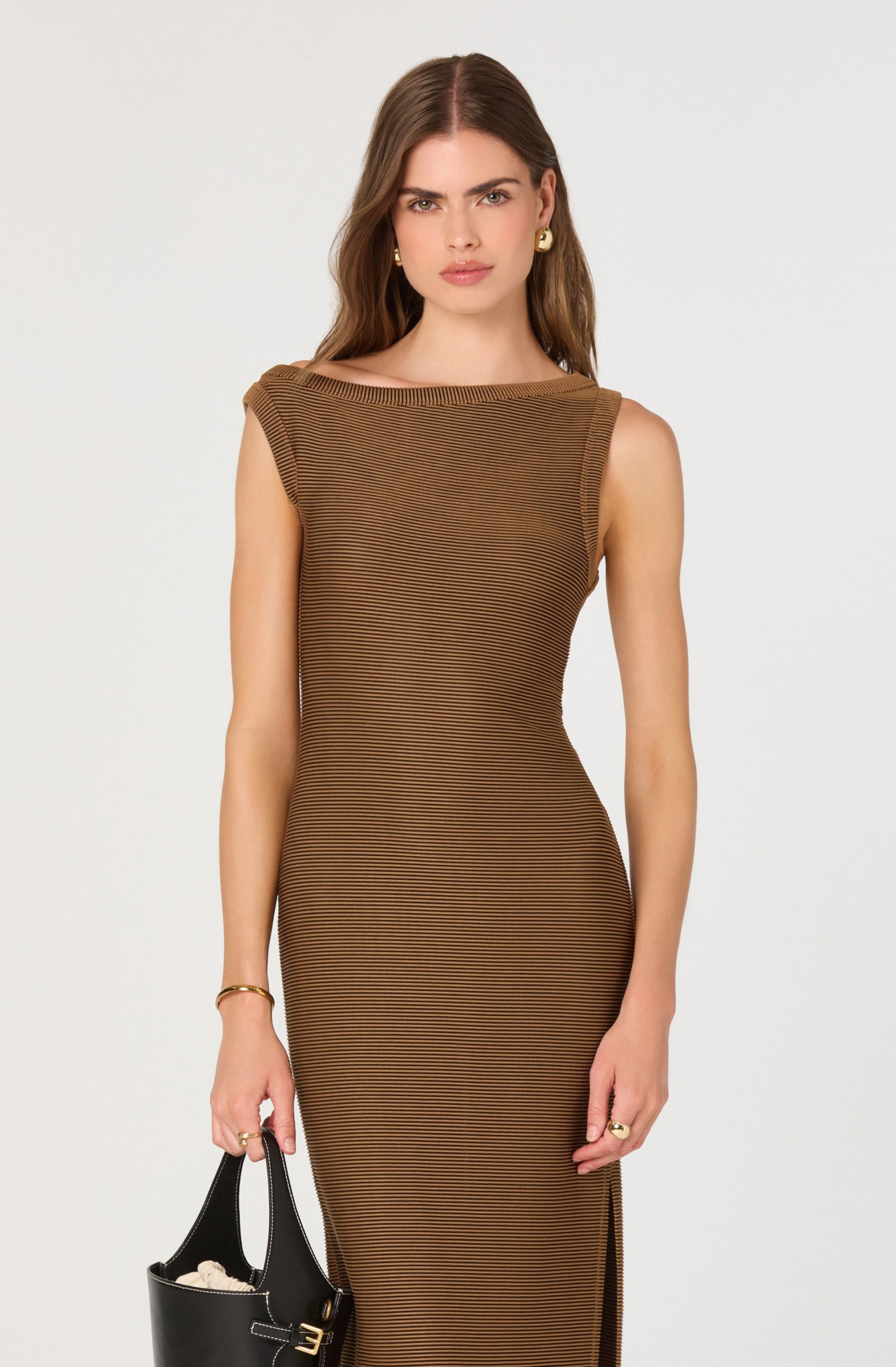 Off Shoulder Ribbed Knit Midi Dress