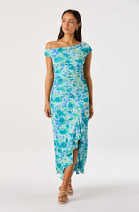 Off Shoulder Ruched Floral Midi Dress